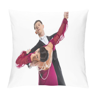 Personality  Elegant Young Couple Of Ballroom Dancers In Red Dress In Suit Dancing On White Pillow Covers