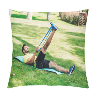 Personality  Bearded Man Exercising With Suspension Straps While Lying On Fitness Mat  Pillow Covers