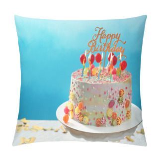Personality  Stand With Beautiful Tasty Birthday Cake On Table Against Color Background Pillow Covers