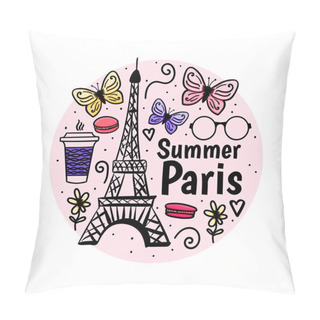 Personality  Print Summer Paris With Eiffel Tower And Butterfly. Design Female Holiday. Vector Hand Drawn Sketch Pillow Covers