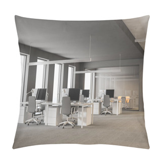 Personality  Modern Grey Office Interior With Rows Of White Computer Desks And Loft Windows. Boardroom In The Background. International Company Concept 3d Rendering Copy Space Pillow Covers