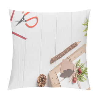 Personality  Top View Of Decorated Christmas Present With Baubles, Evergreen Cone And Scissors On Wooden Table Pillow Covers