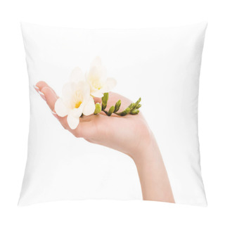 Personality  Partial View Of Female Hand Holding Freesia, Isolated On White Pillow Covers