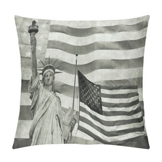 Personality  Collage Of Lady Liberty And Waving American Flag In The  Background. Edited As A Vintage Photo In Tension Green Hue Color. Pillow Covers