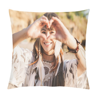 Personality Image Of Hippy Girl In Feather Headband Showing Heart Shape By S Pillow Covers