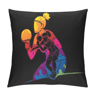 Personality  Ping Pong, Table Tennis Players Action Cartoon Sport Graphic Vector. Pillow Covers