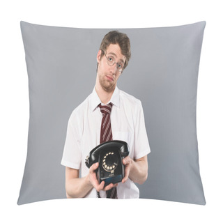 Personality  Sad Businessman In Glasses Holding Vintage Phone On Grey Background Pillow Covers