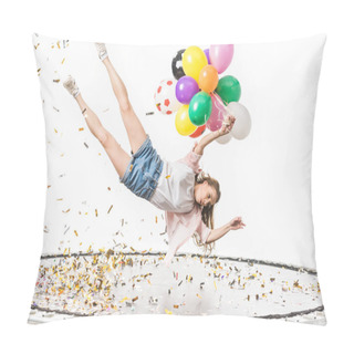 Personality  Girl Holding Colorful Balloons And Falling On Trampoline Isolated On White  Pillow Covers