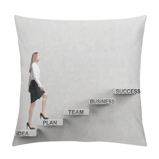 Personality  Young Business Woman Is Going Up To The Stairs. A Concept Of Successful Business Project Pillow Covers