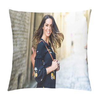 Personality  Young Woman Moving Her Long Hair In Urban Background. Pillow Covers