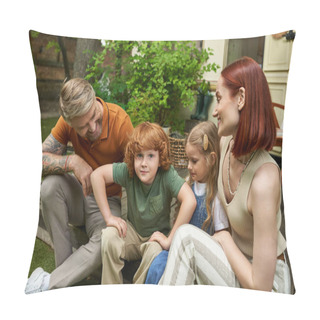 Personality  Cute Redhead Boy Looking At Camera While Sitting With Happy Family Near Trailer Home, Leisure Pillow Covers