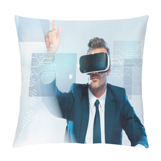 Personality  Businessman In Virtual Reality Headset Touching Innovation Technology Isolated On White, Artificial Intelligence Concept Pillow Covers