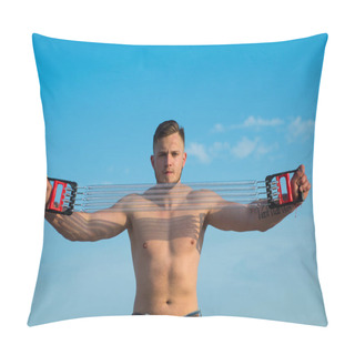 Personality  Healthy Lifestyle. Healthy Sportsman Training On Blue Sky. Healthy Man Stretch Resistance Band. Healthy Workout On Fresh Air. Push Yourself Pillow Covers