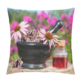 Personality  Mortar With Coneflowers And Vial With Essentia Oil In Garden Pillow Covers