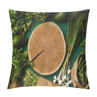 Personality  Top View Of Wood Cut Surrounded With Various Ripe Vegetables On Green Surface Pillow Covers