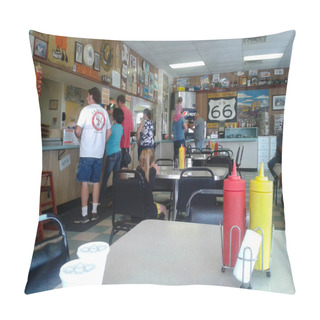 Personality  Springfield Illinois USA - August 31 2015; People Inside A Small Town Cafe Along Route 66 With All The Routes Signs And Collectibles, Cafe Table With Classic Plastic Mustard And Ketchup Bottles. Pillow Covers