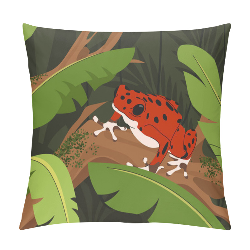 Personality  Red frog sitting on branch. Tropical and exotic animal and lizzard in rainforest. Animal with leaves and plants. Wild life and ecosystem, enviromental conversation. Cartoon flat vector illustration pillow covers