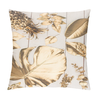 Personality  Top View Of Set Of Various Golden Leaves And Pineapple On Wooden Surface Pillow Covers