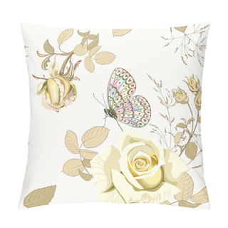 Personality  Flower Vector Illustration With Beautiful Yellow Rose And Butterfly On White Background. Pillow Covers