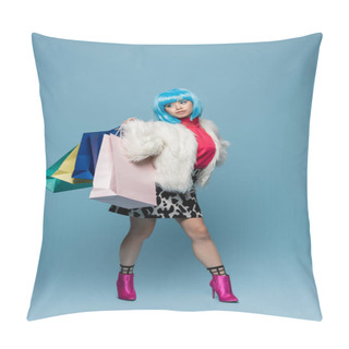 Personality  Asian Pop Art Woman Holding Shopping Bags And Looking Away On Blue Background  Pillow Covers