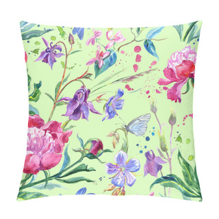 Personality  Seamless Pattern Of Peonies, Aquilegia, Honeysuckle, Geraniums, Dragonflies And Butterflies. Watercolor Floral Print With Insects. Pillow Covers