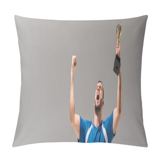 Personality  Bearded Sportsman Holding Golden Champions Cup And Showing Yeah Gesture Isolated On Grey, Banner  Pillow Covers