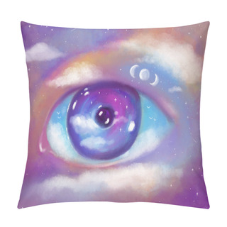 Personality  Hand Drawn Art Illustration. A Vivid Picture Of The Third Eye, Higher Power, Energy, Meditation And Buddhism. Eye Framed By Space, Clouds, Stars Pillow Covers