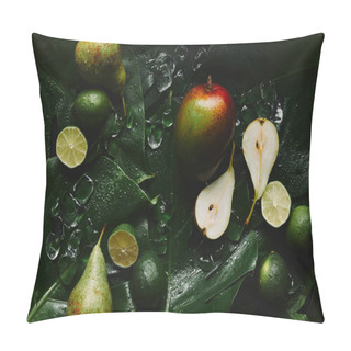 Personality  Top View Of Fresh Ripe Fruits, Ice Cubes And Beautiful Green Tropical Leaves  Pillow Covers