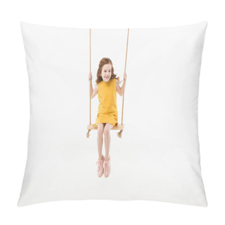 Personality  Little Stylish Child In Dress Riding On Swing Isolated On White Pillow Covers