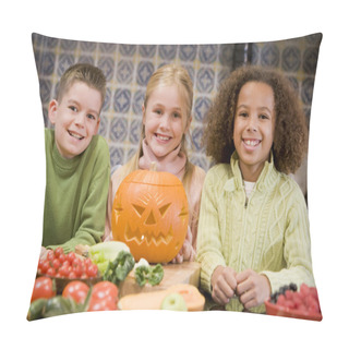 Personality  Three Young Friends On Halloween With Jack O Lantern And Food Sm Pillow Covers