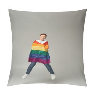 Personality  Overjoyed Queer Person In White T-shirt And Jeans Jumping And Levitating With LGBT Flag On Grey Pillow Covers
