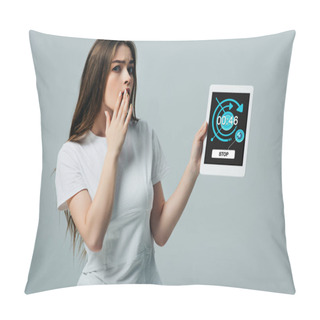 Personality  Shocked Beautiful Girl In White T-shirt Showing Digital Tablet With Stopwatch App Isolated On Grey Pillow Covers