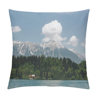 Personality  Majestic Landscape With Snow-covered Mountain Peaks, Green Trees And Tranquil Mountain Lake, Bled, Slovenia Pillow Covers