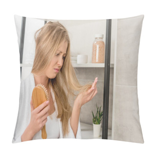 Personality  Depressed Pregnant Woman With Hair Problems In Bathroom Pillow Covers