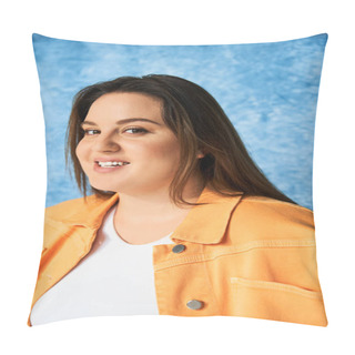 Personality  Portrait Of Positive Plus Size Woman With Long Hair And Natural Makeup Wearing Crop Top And Orange Jacket While Posing And Looking At Camera On Mottled Blue Background, Body Positive  Pillow Covers