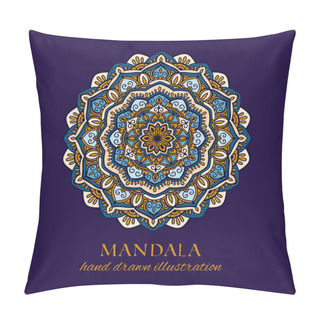 Personality  Mandala Hand Drawn Vector Illustration. Orange And Blue Circle Decorative Ethnic Ornament. Oriental Round Frame Design Element Pillow Covers