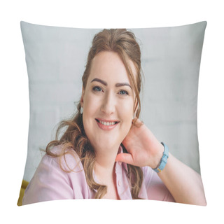 Personality  Portrait Of Smiling Beautiful Woman Looking At Camera At Home Pillow Covers