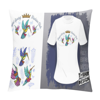 Personality  Hummingbirds Flowers, Leaves, Birds, Golden Embroidery Queen Crown Textile Fabrics T Shirt Design Lettering Gold Wings Insect Luxury Fashion Embroidered Style Hand Drawn Vector Illustration Pillow Covers