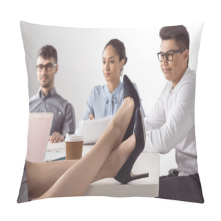 Personality  Businesswoman Sitting With Legs On Table Pillow Covers