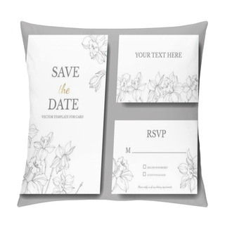 Personality  Vector Elegant Wedding Invitation Cards With White Narcissus Flowers Illustration. Engraved Ink Art.  Pillow Covers