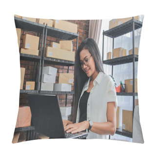 Personality  Young Businesswoman Using Laptop Work At Home Pillow Covers