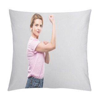 Personality  Feminist Woman In Pink T-shirt Showing Muscles, Isolated On Grey Pillow Covers