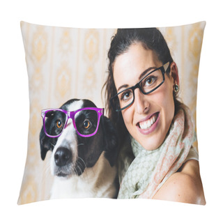 Personality  Funny Woman And Dog With Glasses Portrait Pillow Covers
