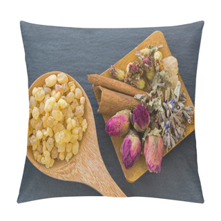 Personality  Wooden Spoon Of Aromatic Yellow Resin Gum Next To Dried Flowers Rose Buds Lavender Cinnamon Pillow Covers