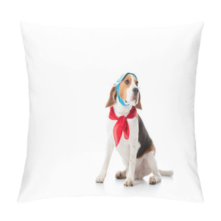 Personality  Beagle Dog In Mask And Red Bandana Looking Away While Sitting On White Pillow Covers