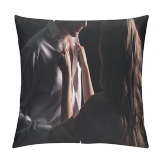 Personality  Back View Of Woman Undressing Man Shirt Isolated On Black Pillow Covers