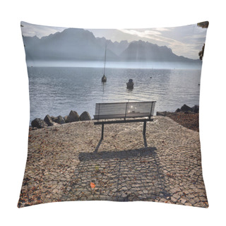 Personality  Bench On The Waterfront On The Geneva Lake Pillow Covers
