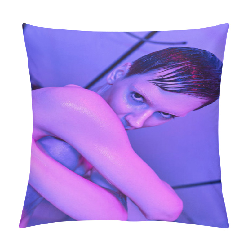 Personality  cosmic traveler, unknown alien, extraterrestrial looking at camera in neon-lit innovative laboratory pillow covers