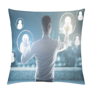 Personality  Back View Of Man On Rooftop Managing People Icons. HR Concept Pillow Covers
