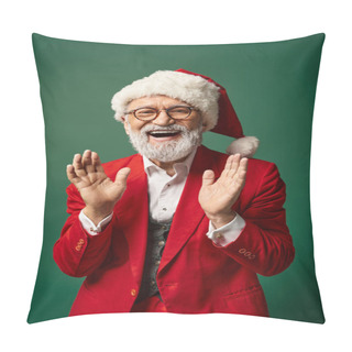 Personality  Happy Stylish Santa In Christmassy Hat Gesturing Actively And Smiling At Camera, Winter Concept Pillow Covers